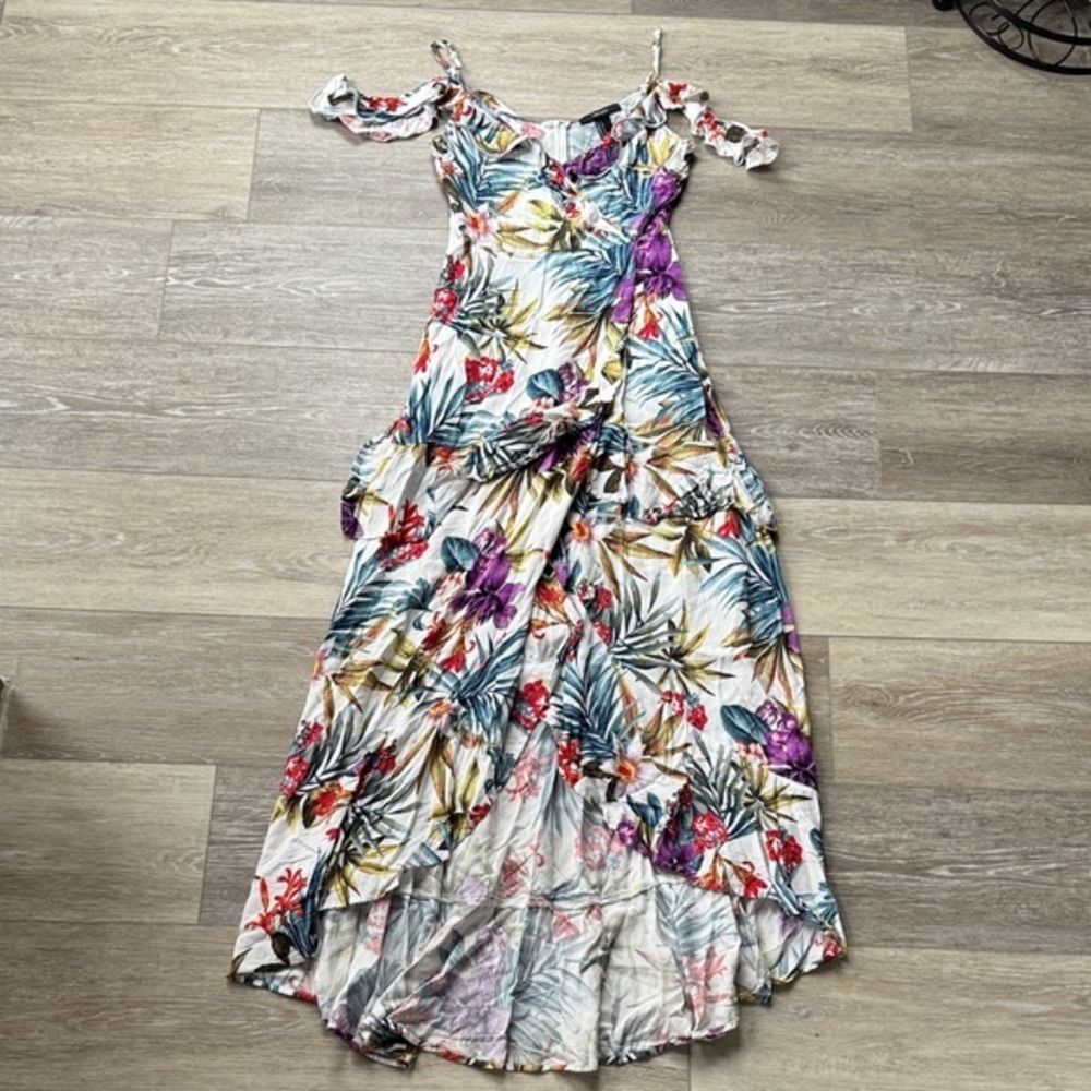White Tropical Floral Maxi Dress with Purple, Green & Red Accents